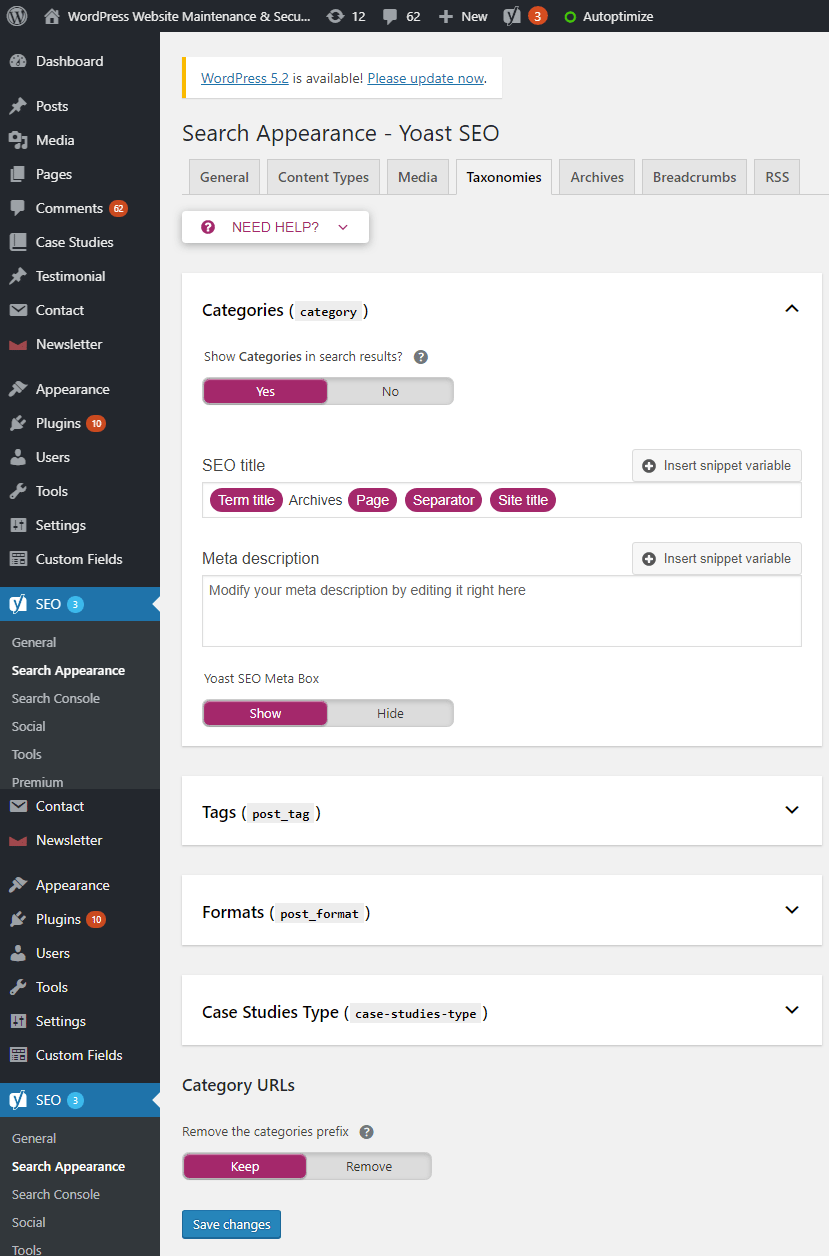 Taxonomies Tab