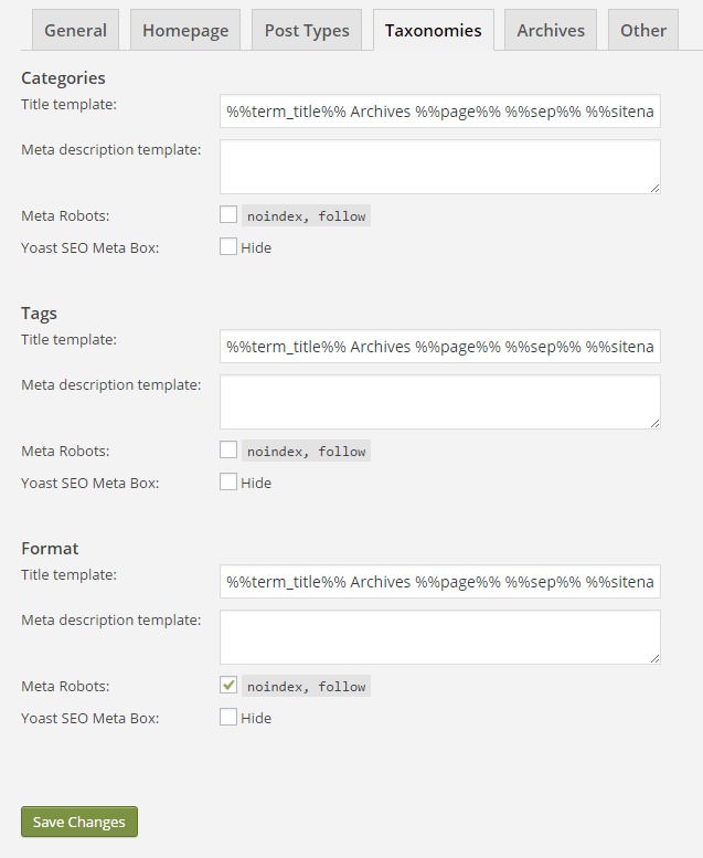 Yost seo plugin Taxonomies