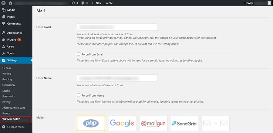 SMTP forms setting