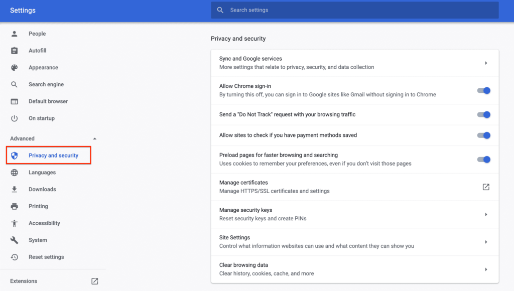 chrome privacy settings