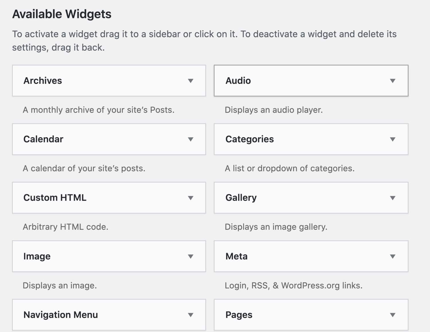 Pre installed WordPress widgets