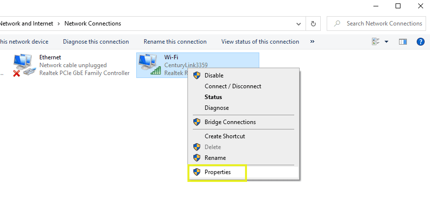 network connection properties